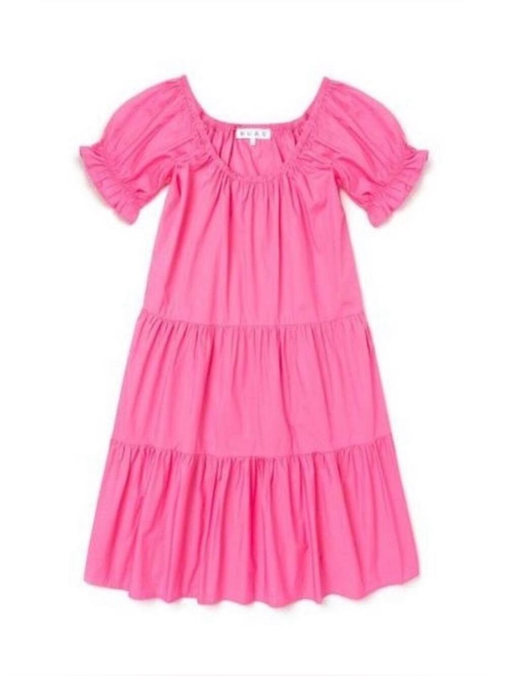 BURU Pink Tiered Short Puff Sleeve Short Cotton Dress LARGE with pockets
